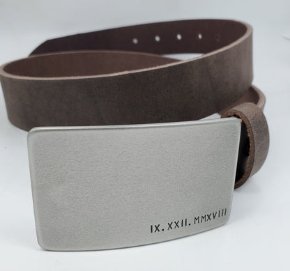 Roman Numeral Buckle with Leather Belt, Anniversary Gift, Belt & Buckle Set For Jeans, Customize for Anniversary, Unisex Personalized Gift