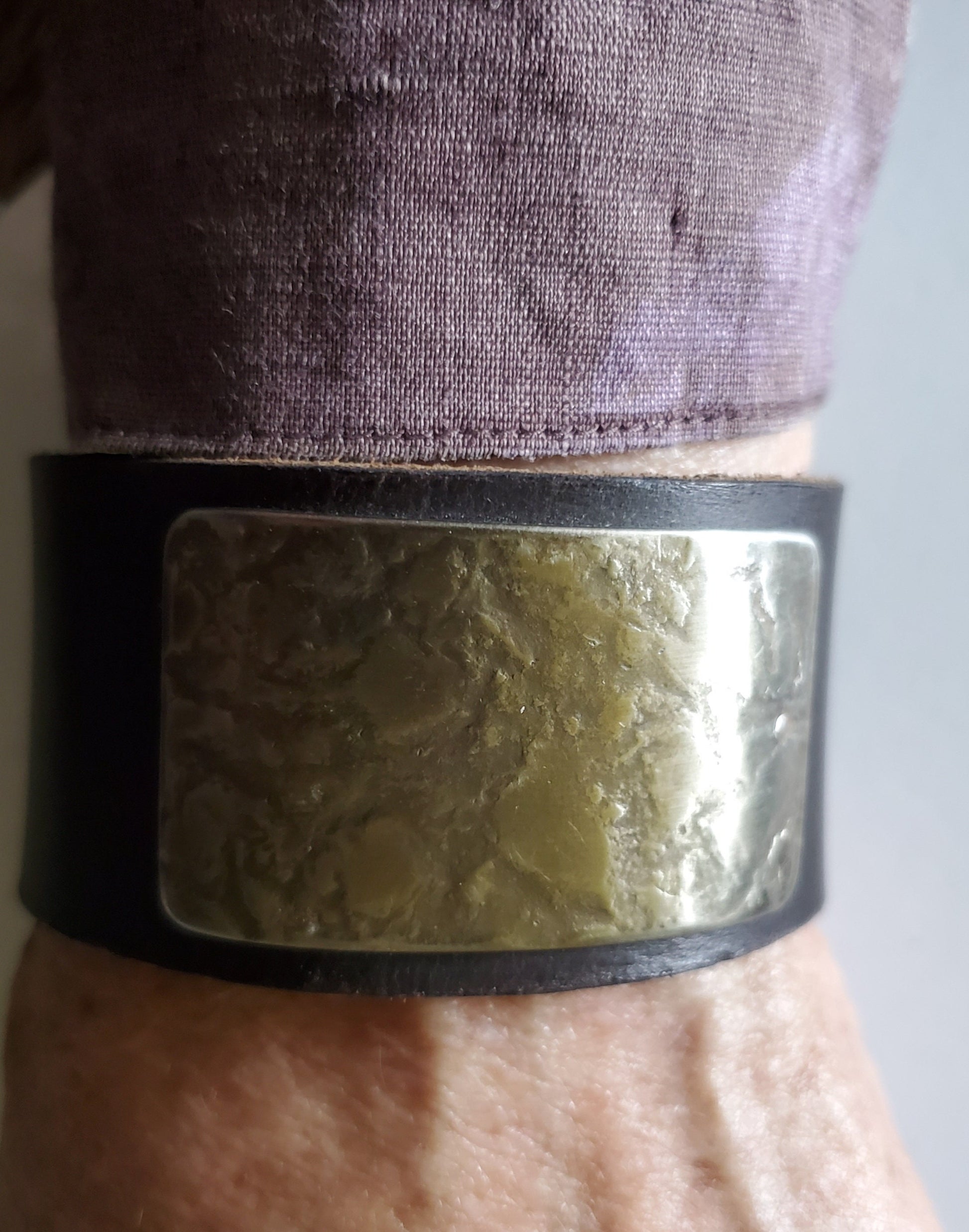 Brown Leather Cuff Bracelet with Gold Textured Metal Plate Unisex Leather Wrist Cuff w/ snap Boyfriend Gift Love Gift Bag Included