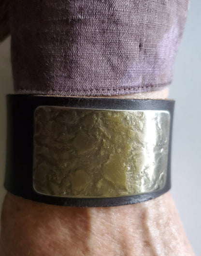 Brown Leather Cuff Bracelet with Gold Textured Metal Plate Unisex Leather Wrist Cuff w/ snap Boyfriend Gift Love Gift Bag Included