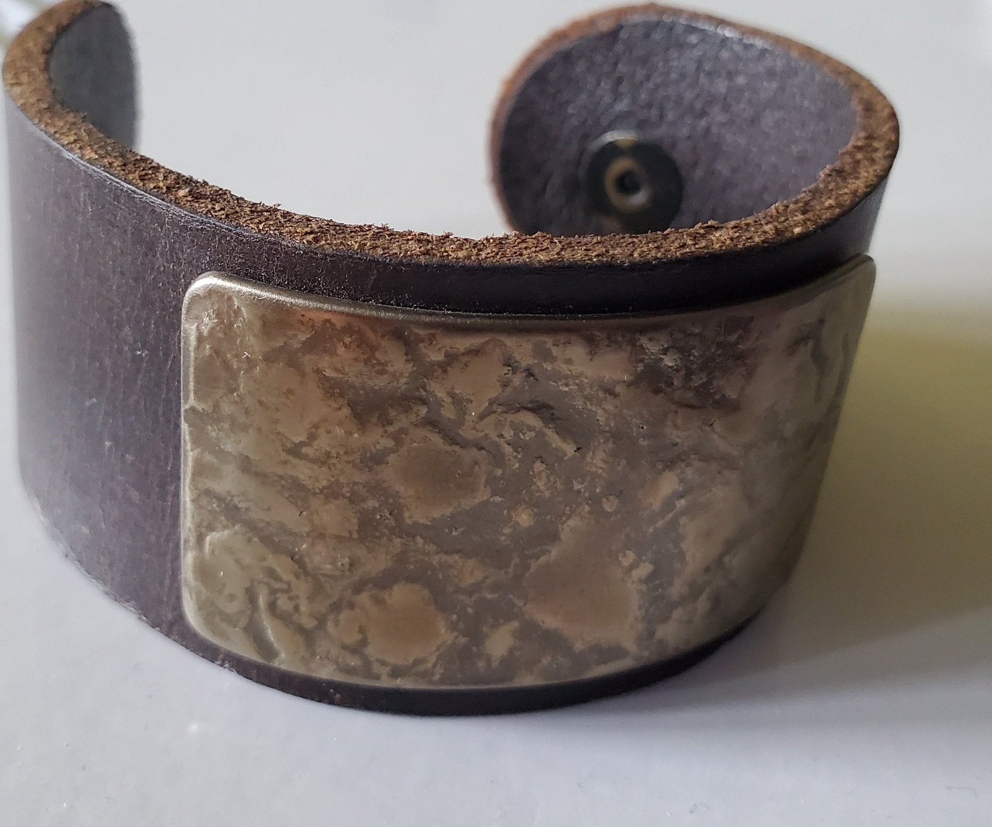 Brown Leather Cuff Bracelet with Gold Textured Metal Plate Unisex Leather Wrist Cuff w/ snap Boyfriend Gift Love Gift Bag Included
