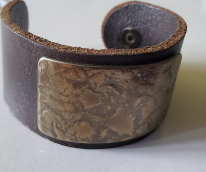 Brown Leather Cuff Bracelet with Gold Textured Metal Plate Unisex Leather Wrist Cuff w/ snap Boyfriend Gift Love Gift Bag Included