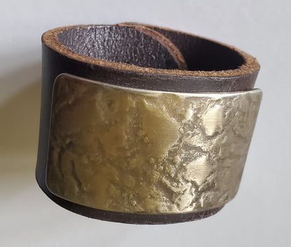 Brown Leather Cuff Bracelet with Gold Textured Metal Plate Unisex Leather Wrist Cuff w/ snap Boyfriend Gift Love Gift Bag Included