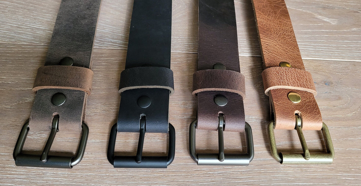 Leather Belt & Buckle Custom Cut Belt Unisex Groom and Groomsmen's Gift 1-1/2" Belt w/ snaps for Jeans Your Belt and Buckle Colour Choice