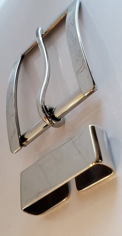 Silver 1.75" Buckle & Keeper and Belt Hypoallergenic Stainless Steel Buckle Keeper and 1-3/4" Belt, Brushed Stainless Buckle, Keeper, Belt