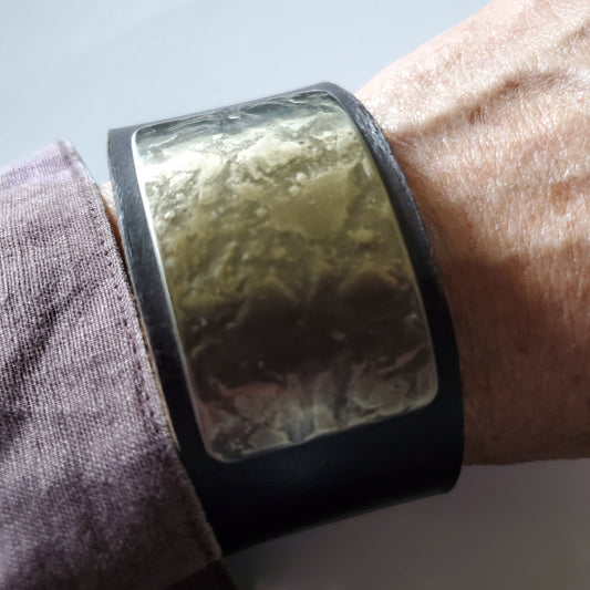Brown Leather Cuff Bracelet with Gold Textured Metal Plate Unisex Leather Wrist Cuff w/ snap Boyfriend Gift Love Gift Bag Included
