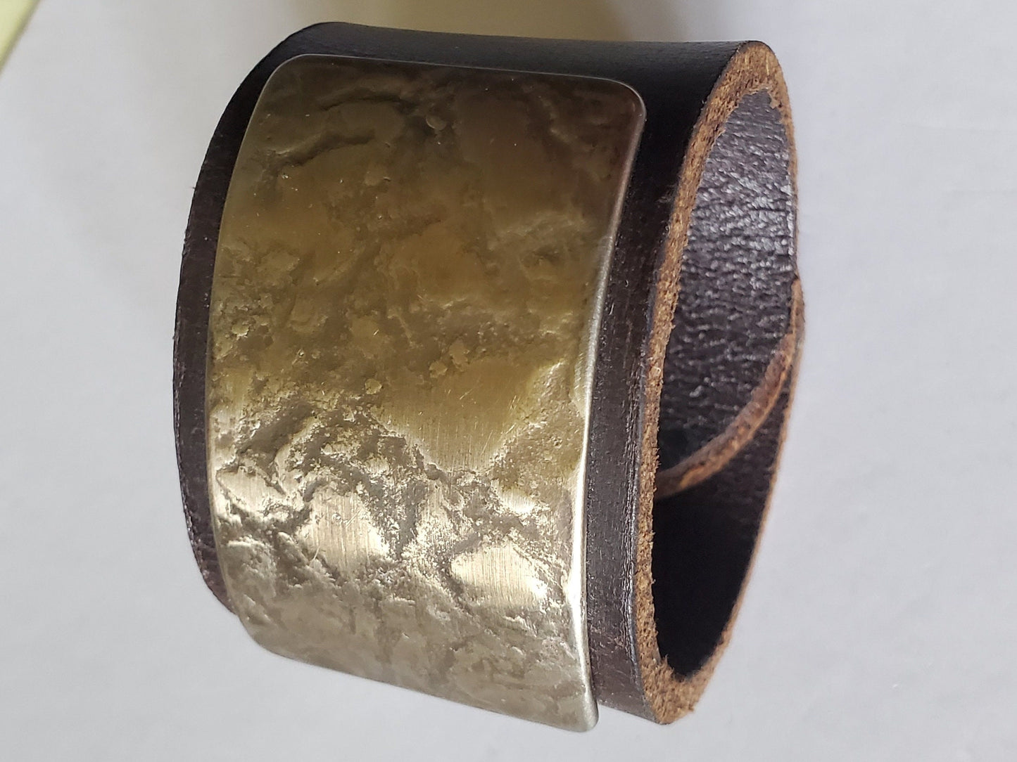 Brown Leather Cuff Bracelet with Gold Textured Metal Plate Unisex Leather Wrist Cuff w/ snap Boyfriend Gift Love Gift Bag Included