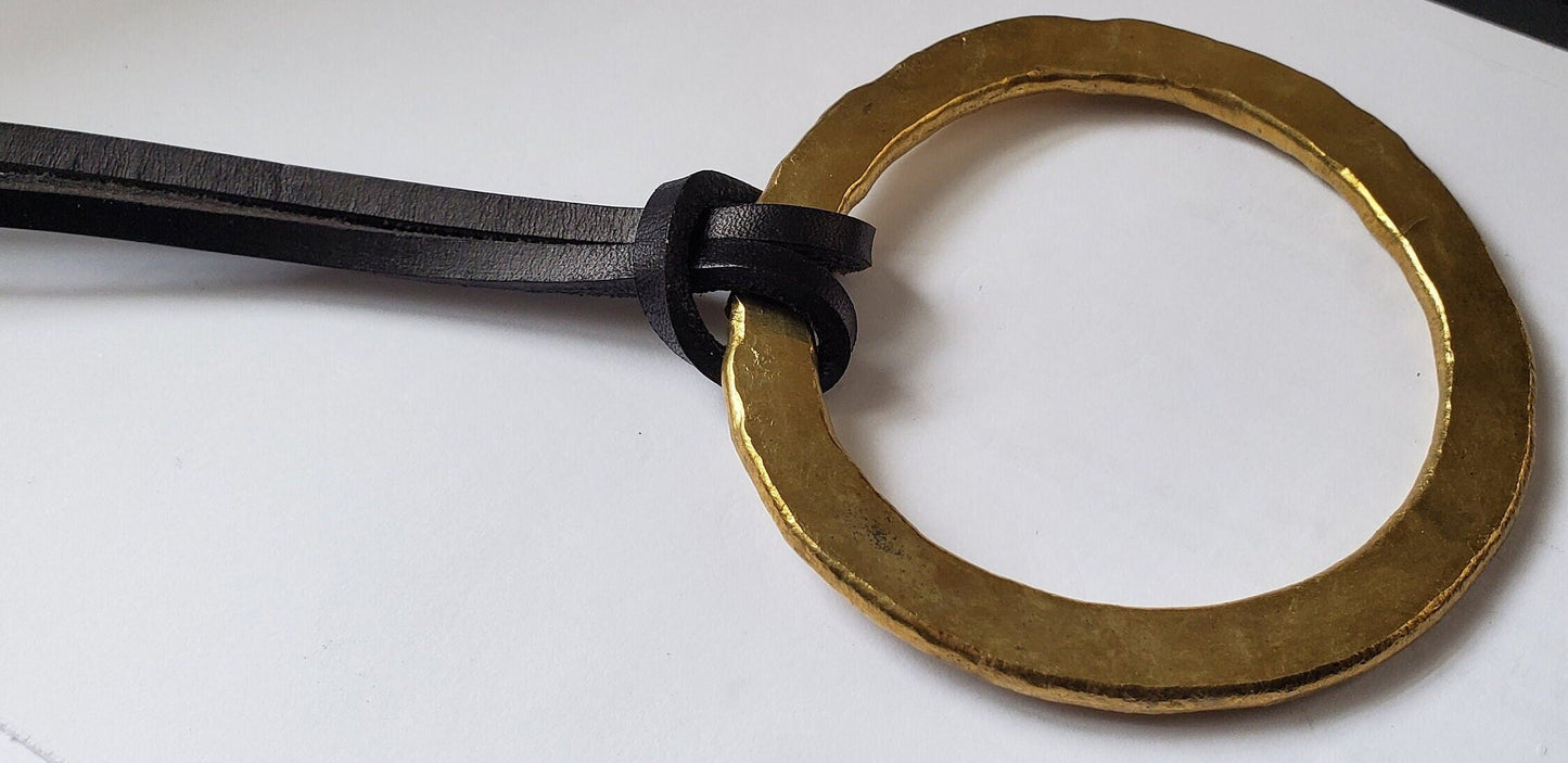 3" Big Brass Ring & Leather Strap Pendant Hand Forged Circle Pendant Unisex Jewelry Bohemian Necklace w/ Gift Bag
