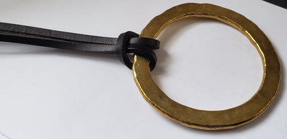 3" Big Brass Ring & Leather Strap Pendant Hand Forged Circle Pendant Unisex Jewelry Bohemian Necklace w/ Gift Bag