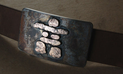 Hand Made in Canada ~ Belt & Buckle Set- Inuit Art - Rustic Bronze Inukshuk - Hand Forged Belt Buckle with Leather 1.5" Belt for Blue Jeans