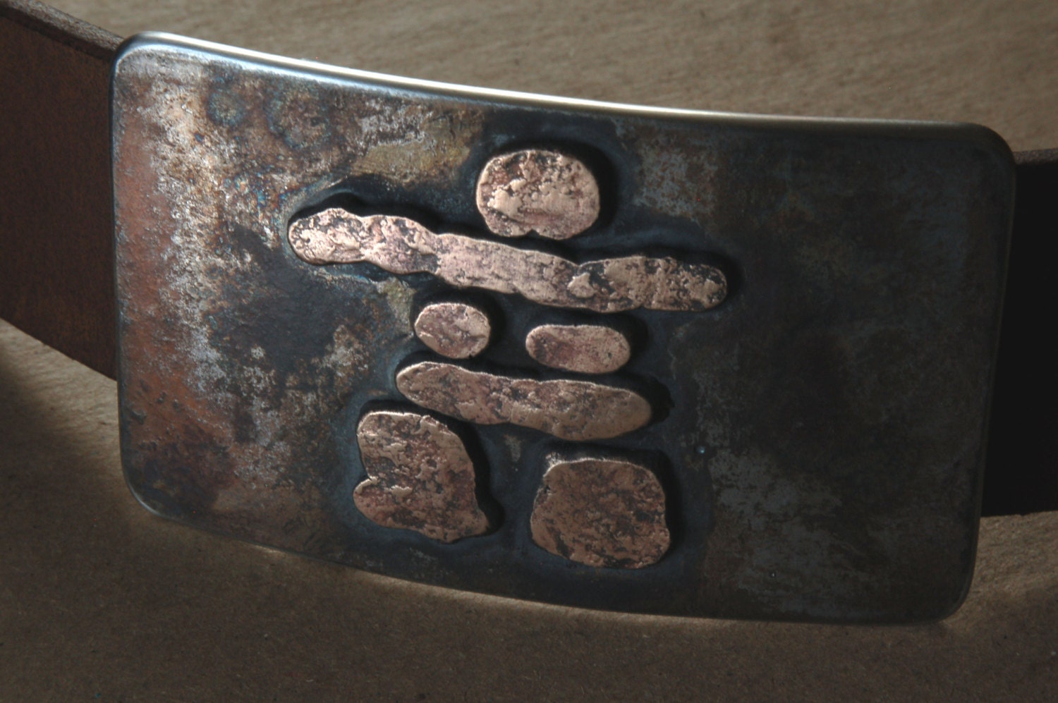 Hand Made in Canada ~ Belt & Buckle Set- Inuit Art - Rustic Bronze Inukshuk - Hand Forged Belt Buckle with Leather 1.5" Belt for Blue Jeans