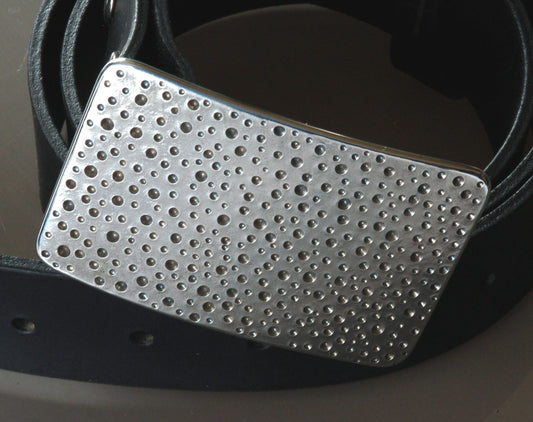 Silver Rain Belt Buckle, Confetti Buckle, Polka Dot Buckle for 1.5" Wide Belt for Blue Jeans Designed by Robert Aucoin, Jean Buckle