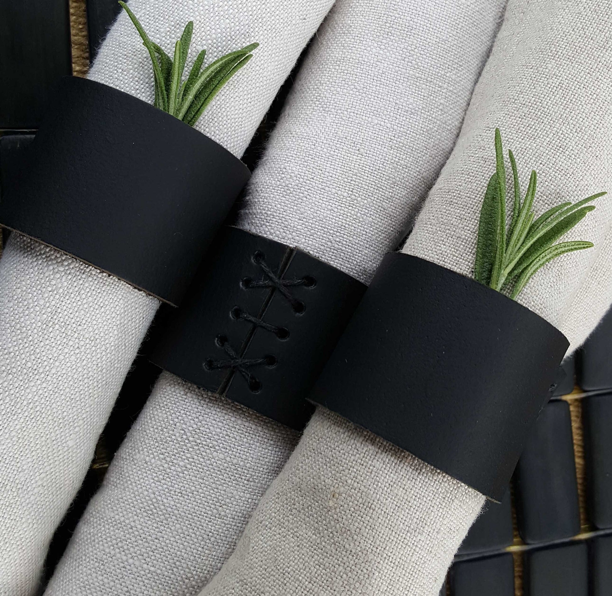 Black & White Leather Napkin Rings, Hand Stitched Lace, Intimate Dining, Leather Anniversary, Dining Accessories, Wedding Table, Table Decor