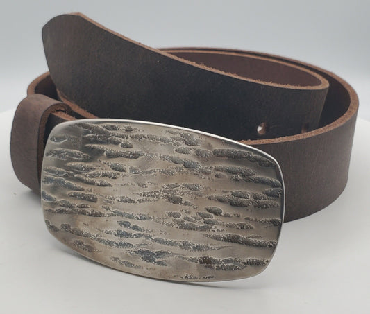 Belt & Buckle Hand Forged Solid Stainless Steel with 1.5" Leather Jean Belt Handmade Gifts Gifts Made in Canada Hypoallergenic Buckle N Belt