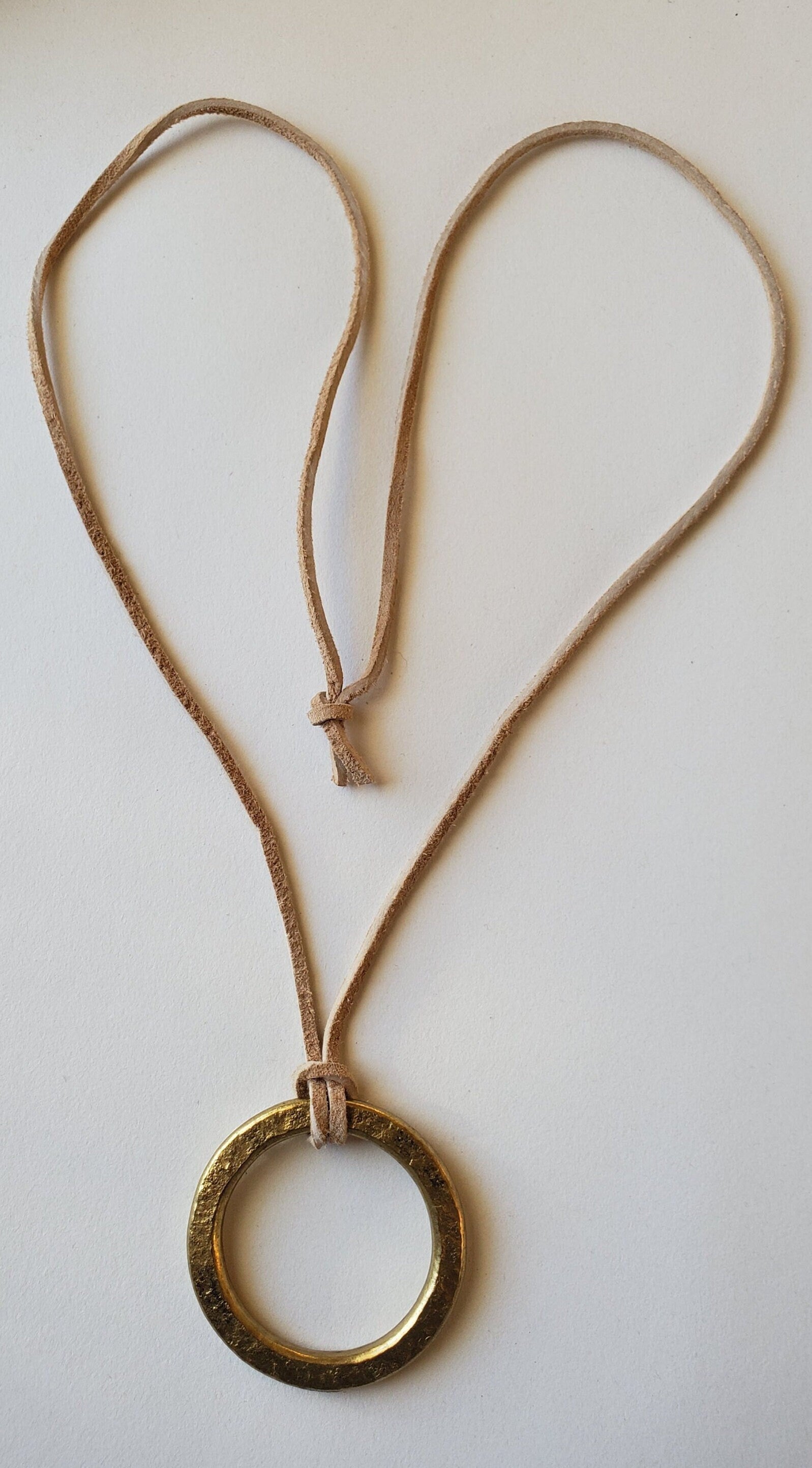 Pendant Gold Hand Forged Circle Pendant Stainless Steel Jewelry Necklace 2.5" diameter Stainless Steel Brass & Leather Strap Unisex Gifts