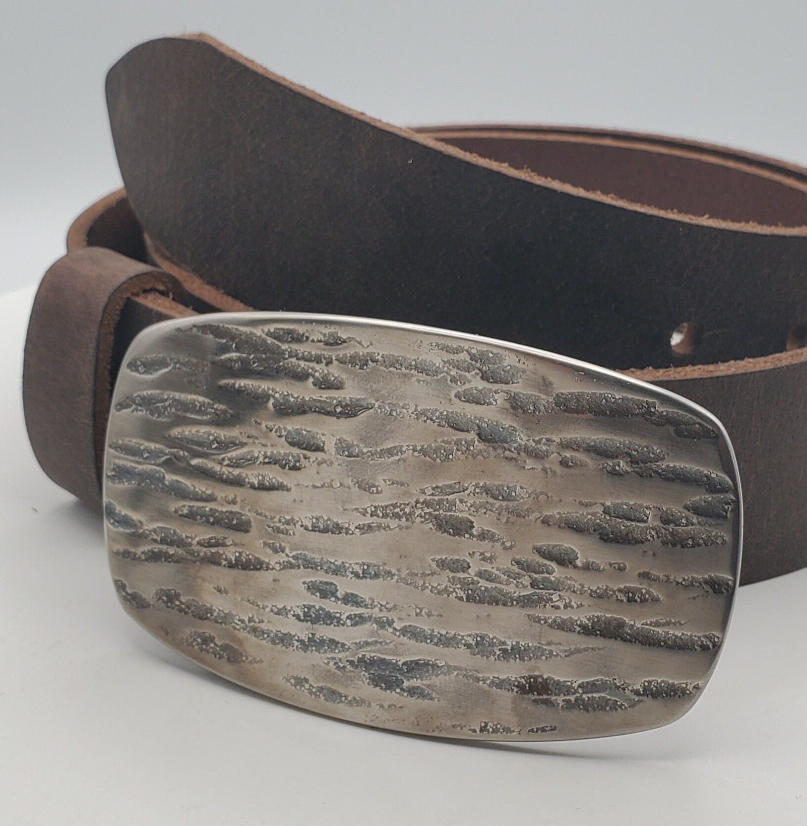 Belt & Buckle Hand Forged Solid Stainless Steel with 1.5" Leather Jean Belt Handmade Gifts Gifts Made in Canada Hypoallergenic Buckle N Belt