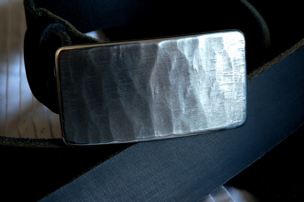 Silver Wood Grain Blue Jean Buckle, Men's Hypoallergenic Belt Buckle, Signed Original Stainless Steel Hand Forged Buckle for 1.5" Jean Belt