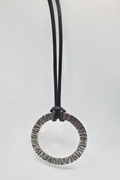 Large Silver & Slate Pendant Hand Forged Circle Unisex Pendant Rustic Jewelry Necklace 3.25"d Stainless Steel w/ Leather Strap Unisex Gifts