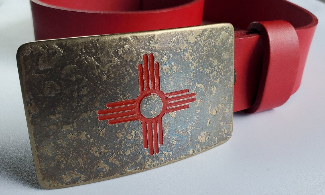 Zia Buckle & Belt Blue or Red New Mexico Etched Buckle with Belt Hand Forged Zia Buckle with 1.5" Leather Belt for Jeans and Gift Bag