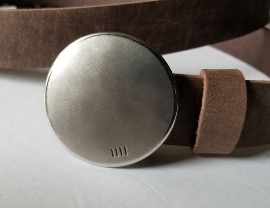 Anniversary Belt & Buckle SET Leather Belt w/ Hand Forged SOLAR ECLIPSE Round Buckle For Blue Jeans Snap Belt Custom Cut to Your Waist Size