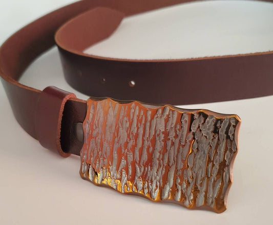 Belt and Buckle Hand Forged Texture Unisex Stainless Steel Buckle with Wavy Edge Signed Original Unisex Gift w/ Bag