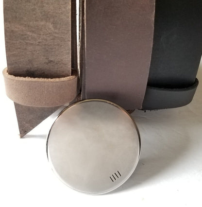 Anniversary Belt & Buckle SET Leather Belt w/ Hand Forged SOLAR ECLIPSE Round Buckle For Blue Jeans Snap Belt Custom Cut to Your Waist Size