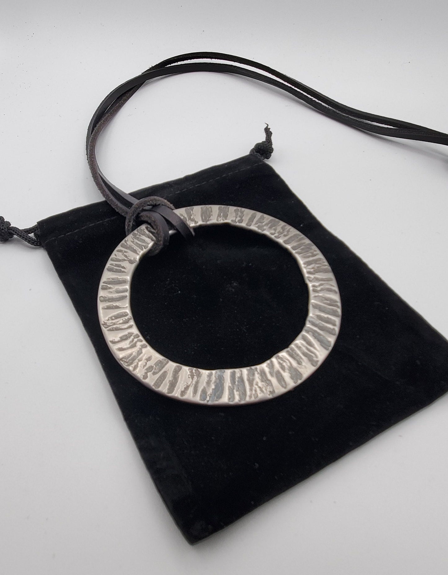 Large Silver & Slate Pendant Hand Forged Circle Unisex Pendant Rustic Jewelry Necklace 3.25"d Stainless Steel w/ Leather Strap Unisex Gifts