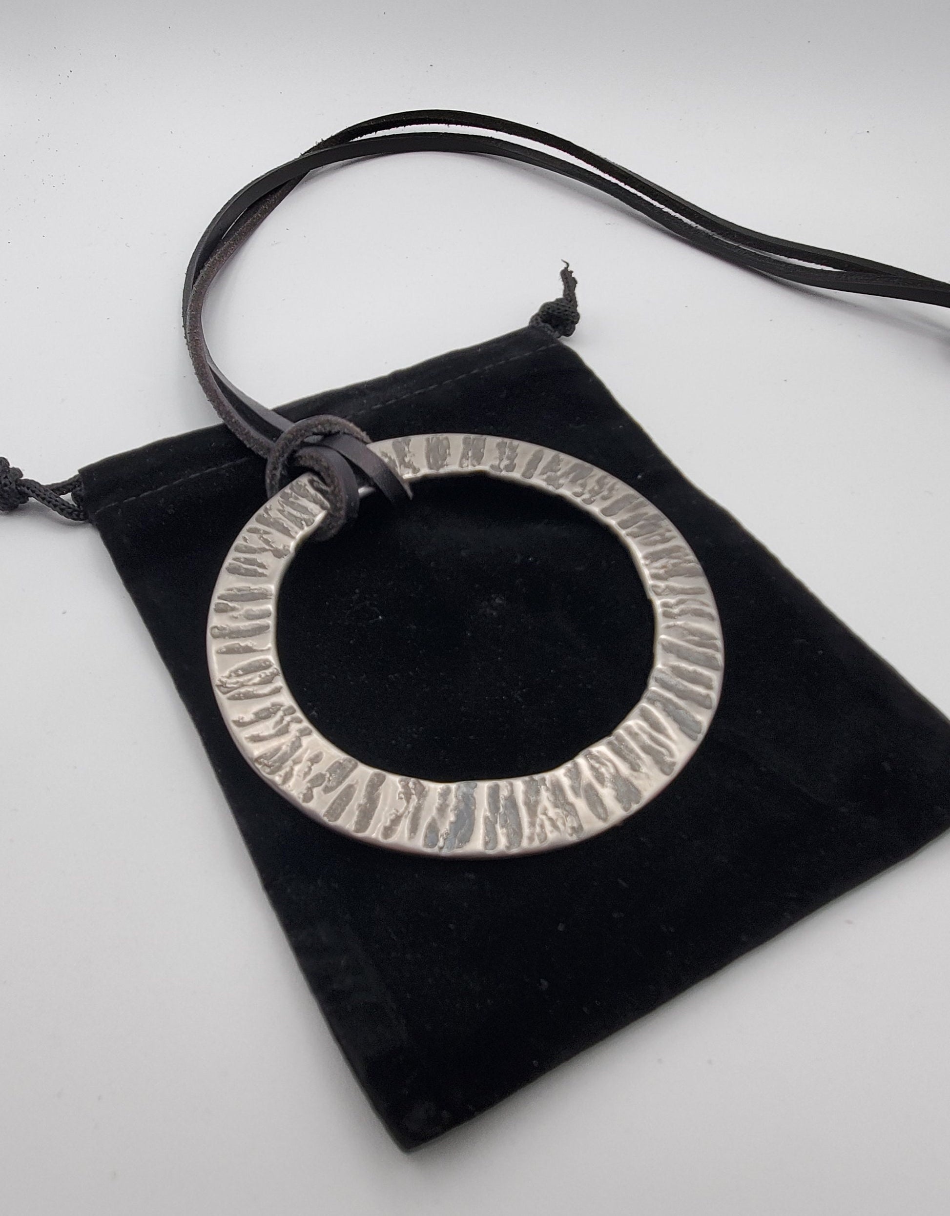 Large Silver & Slate Pendant Hand Forged Circle Unisex Pendant Rustic Jewelry Necklace 3.25"d Stainless Steel w/ Leather Strap Unisex Gifts