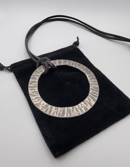 Large Silver & Slate Pendant Hand Forged Circle Unisex Pendant Rustic Jewelry Necklace 3.25"d Stainless Steel w/ Leather Strap Unisex Gifts