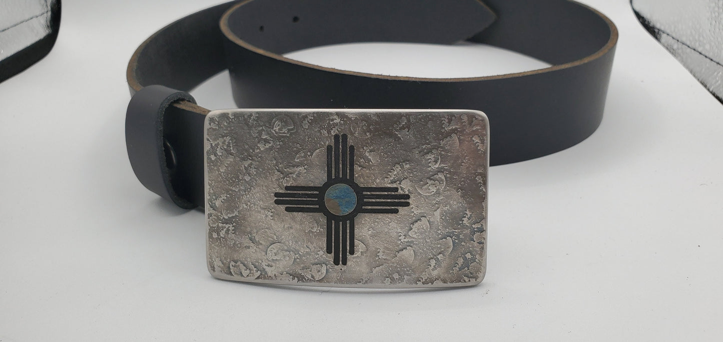 Zia Buckle & Belt Blue or Red New Mexico Etched Buckle with Belt Hand Forged Zia Buckle with 1.5" Leather Belt for Jeans and Gift Bag