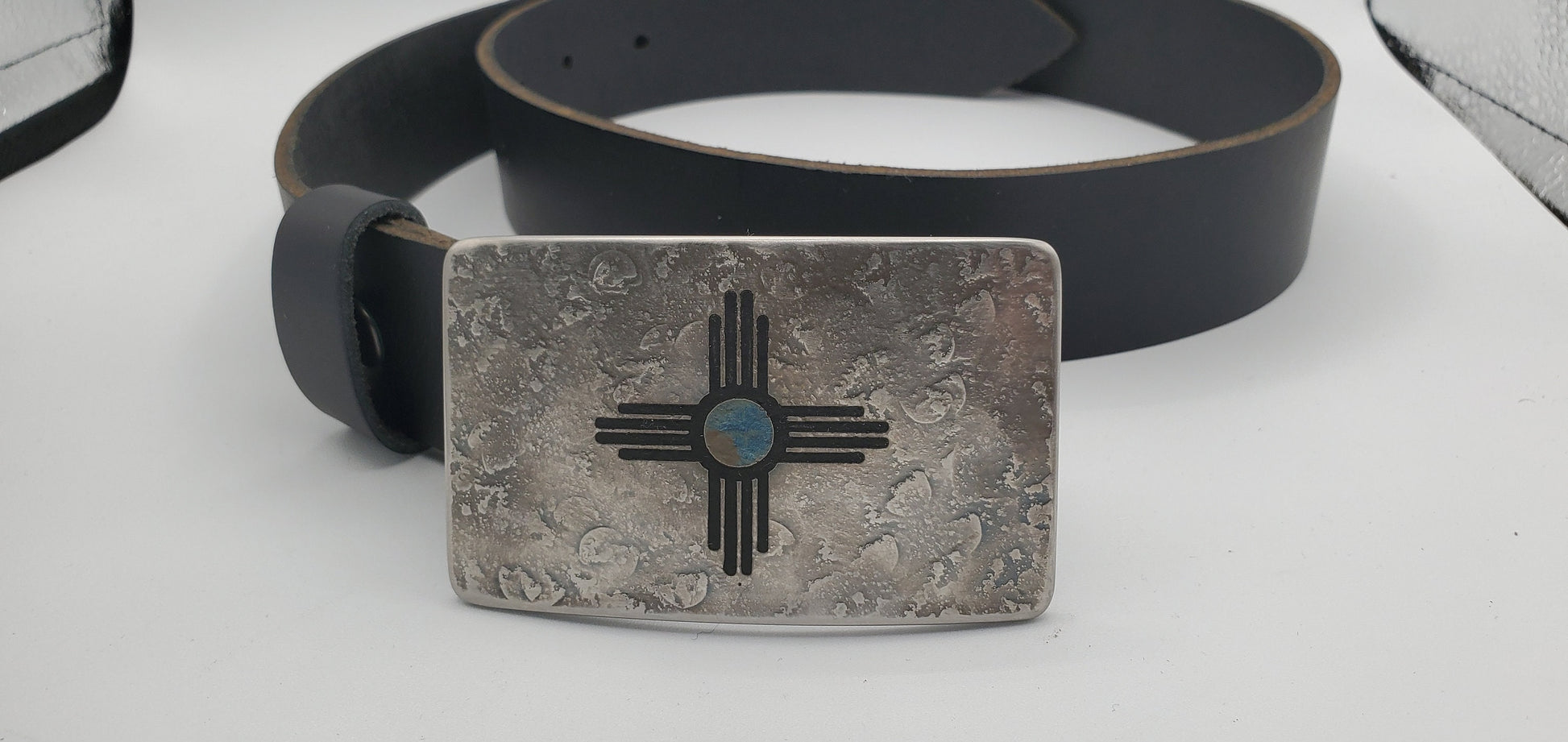 Zia Buckle & Belt Blue or Red New Mexico Etched Buckle with Belt Hand Forged Zia Buckle with 1.5" Leather Belt for Jeans and Gift Bag