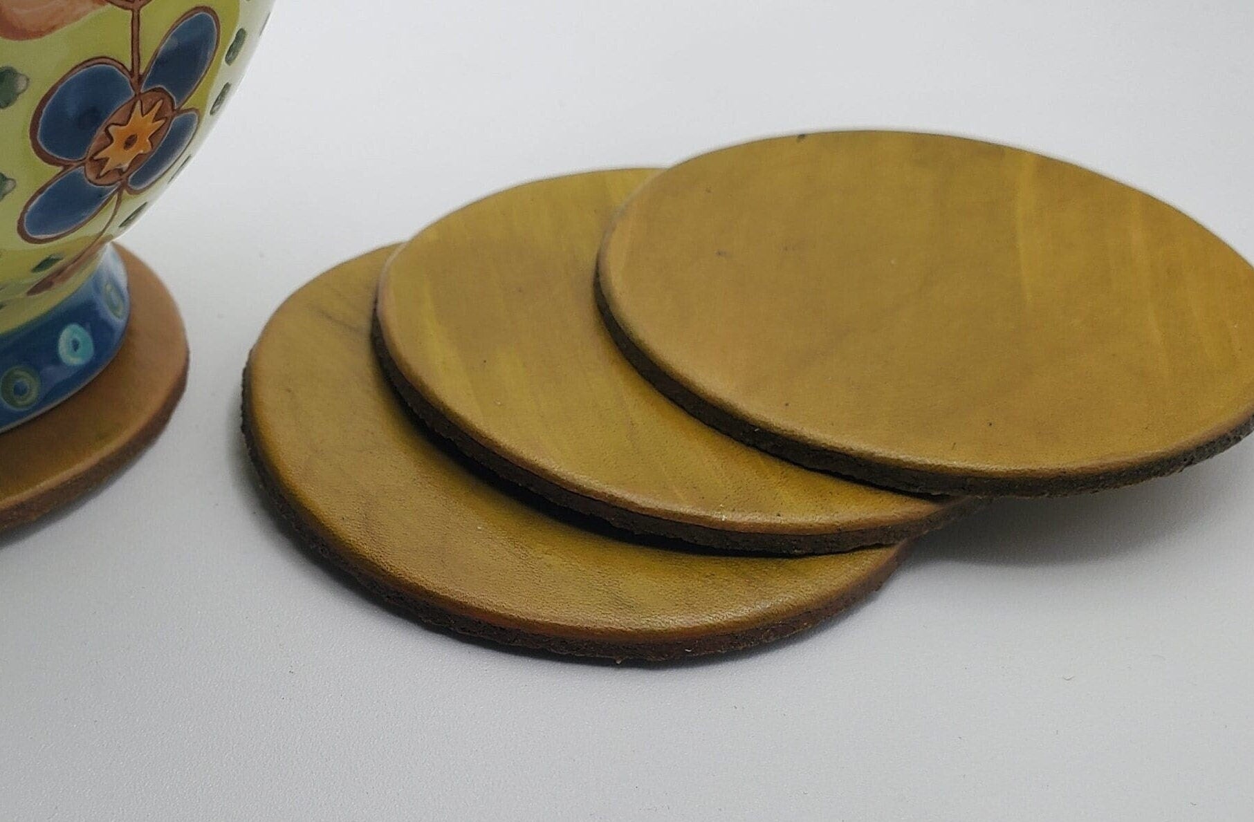 Leather Anniversary, Mother's Day Gift Four Trivets Variety of Colour Hand-Dyed Leather Drink Coasters Housewarming Gift, Host Gift, Barware