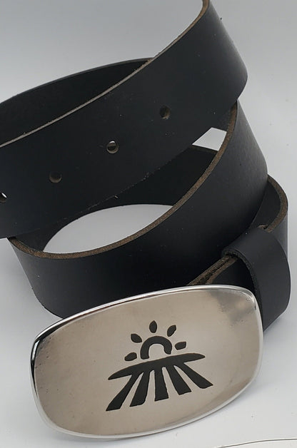 Farmer Gift, Seed Time & Harvest Buckle with Leather Belt Hand Forged Stainless Steel Fits 1.5" Leather Belt for Jeans and Gift Bag