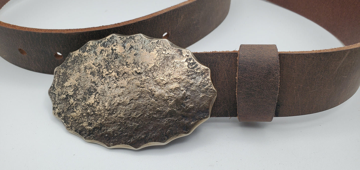 Rodeo Wear Oval Unisex Buckle & 1-3/4" Belt Hand Forged Buckle and 1.75" Wide Leather Belt-Your Colour Choice-Gift Bag Included