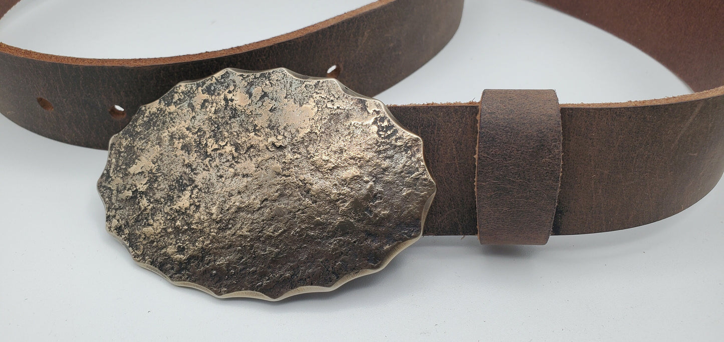 Rodeo Wear Oval Unisex Buckle & 1-3/4" Belt Hand Forged Buckle and 1.75" Wide Leather Belt-Your Colour Choice-Gift Bag Included