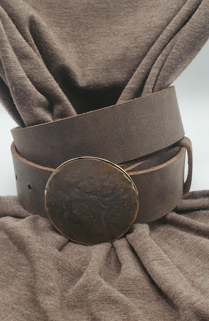 Round Coat Belt & Buckle Hand Forged Buckle Hypoallergenic Stainless Steel Buckle Dress Buckle with Leather Belt