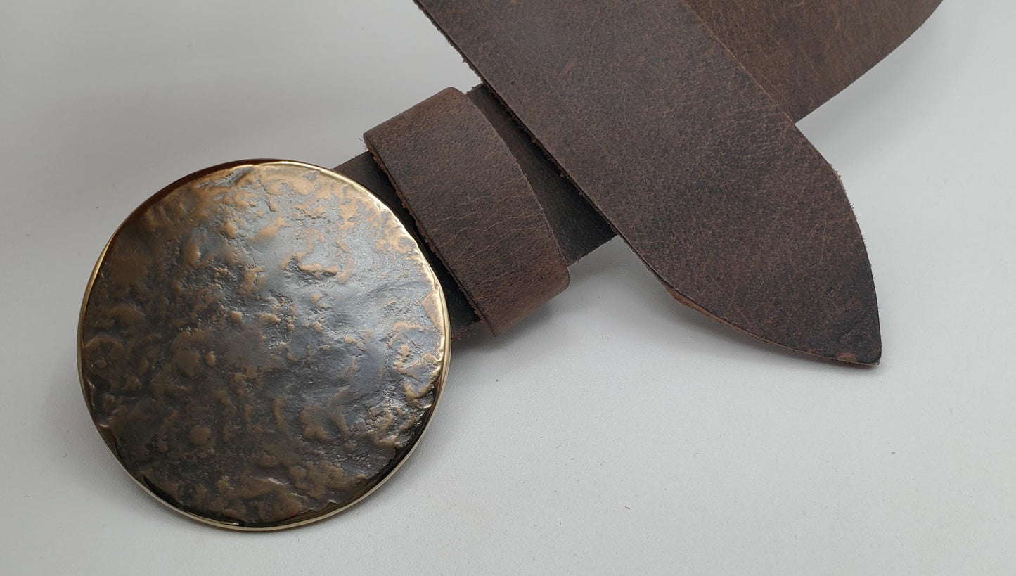 Bronze Anniversary Round Belt & Buckle Hand Forged Buckle Hypoallergenic Stainless Steel Buckle Dress Buckle with Leather Belt for Moms