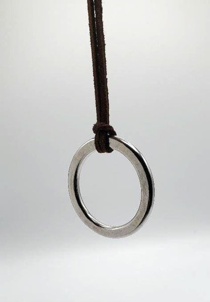 Stainless Steel Pendant Circle Pendant Unisex Jewelry Bohemian Necklace 1.5" d w/ Burlap or Velvet Bag, Beige, Black or Brown Leather Strap