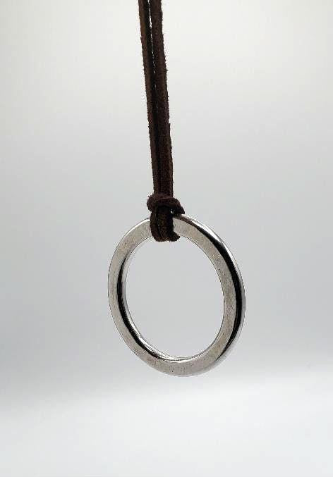 Stainless Steel Pendant Circle Pendant Unisex Jewelry Bohemian Necklace 1.5" d w/ Burlap or Velvet Bag, Beige, Black or Brown Leather Strap
