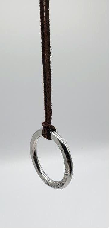 Stainless Steel Pendant Circle Pendant Unisex Jewelry Bohemian Necklace 1.5" d w/ Burlap or Velvet Bag, Beige, Black or Brown Leather Strap
