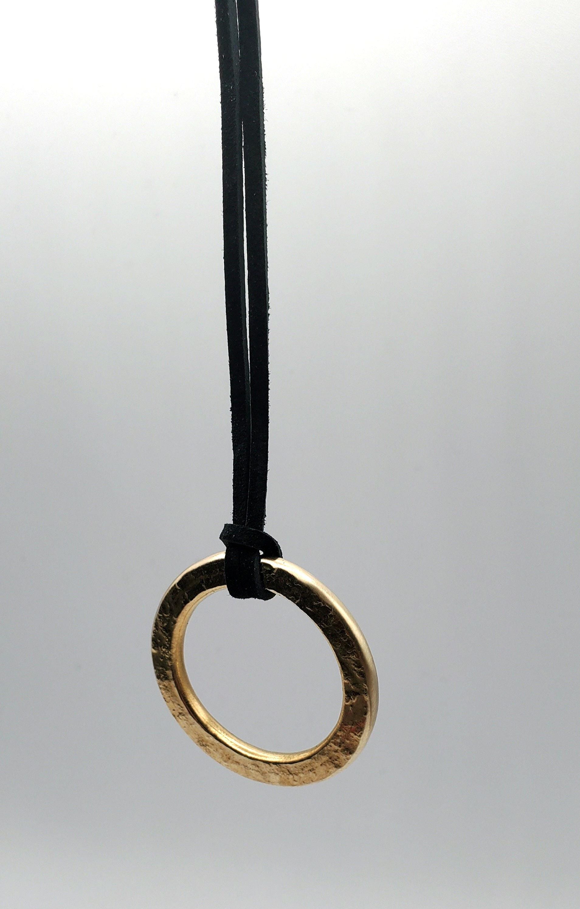 Stainless Steel Pendant Circle Pendant Unisex Jewelry Bohemian Necklace 1.5" d w/ Burlap or Velvet Bag, Beige, Black or Brown Leather Strap