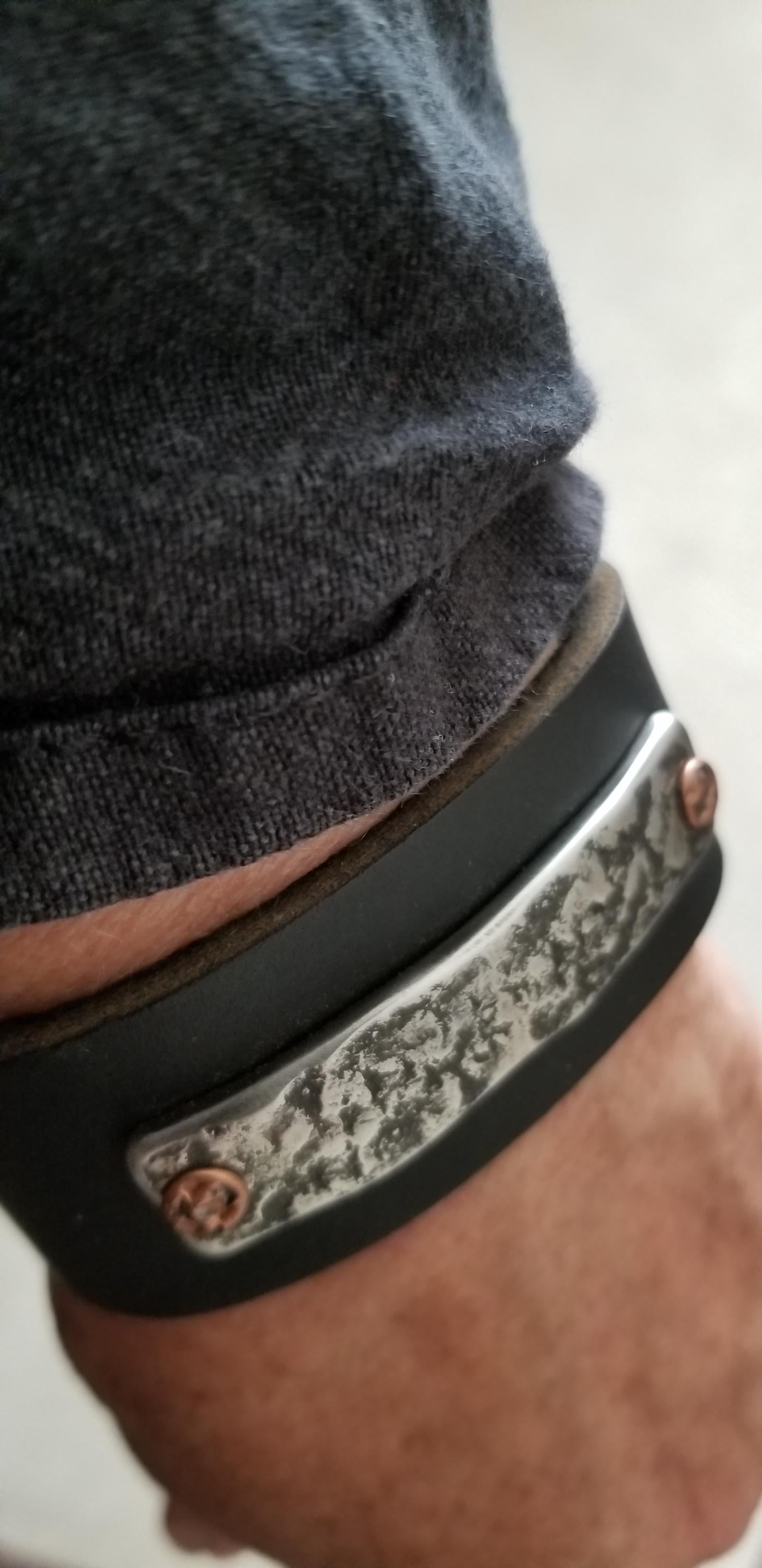 Black Leather w/Anvil Textured Stainless & Copper Cuff Bracelet Unisex Leather Wrist Cuff w/ snaps Boyfriend Gift Love Gift Bag Included