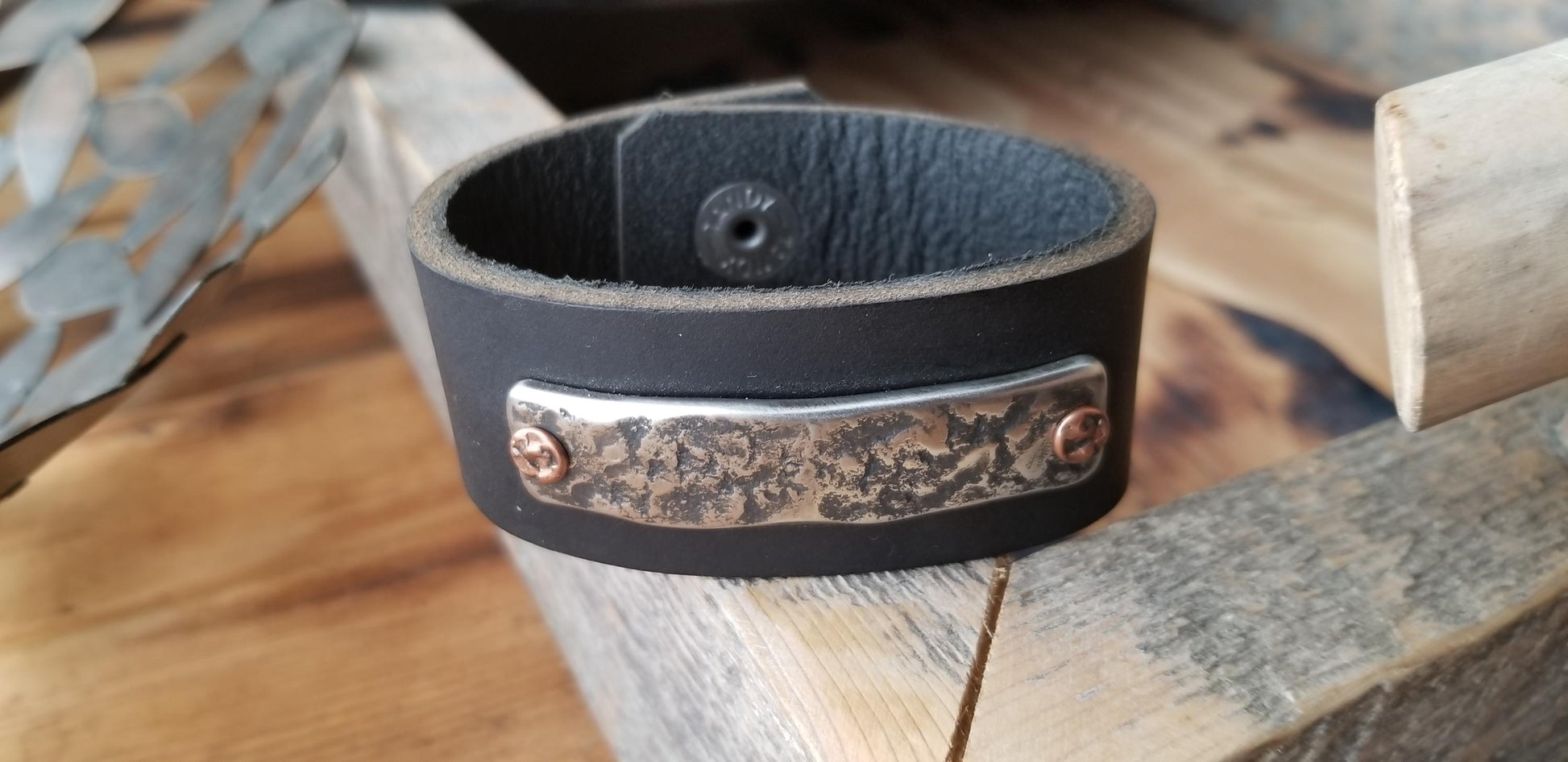 Black Leather w/Anvil Textured Stainless & Copper Cuff Bracelet Unisex Leather Wrist Cuff w/ snaps Boyfriend Gift Love Gift Bag Included