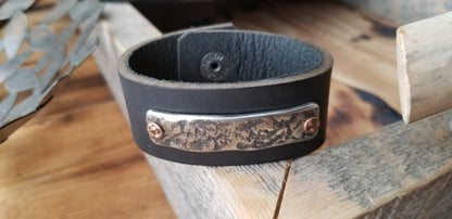 Black Leather w/Anvil Textured Stainless & Copper Cuff Bracelet Unisex Leather Wrist Cuff w/ snaps Boyfriend Gift Love Gift Bag Included