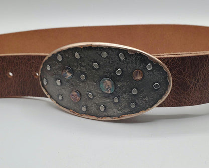 Astronomer's Gift Solar System Belt Buckle & Belt Planets Stars Hand Forged Belt Buckle and Leather 1.5"interchangeable Snap Belt for Jeans