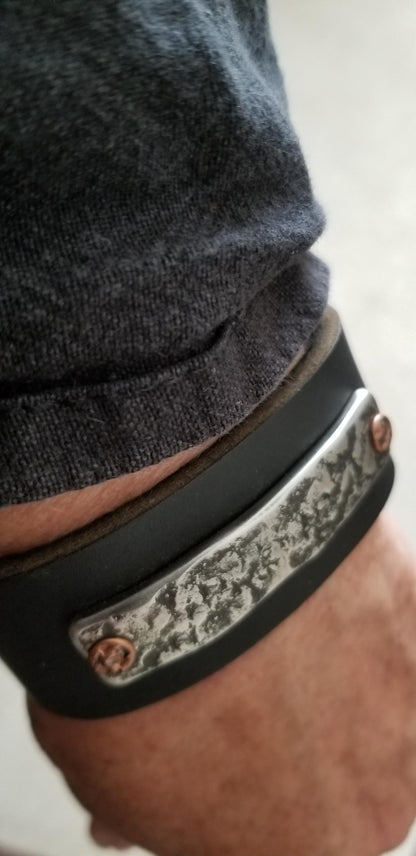 Black Leather w/Anvil Textured Stainless & Copper Cuff Bracelet Unisex Leather Wrist Cuff w/ snaps Boyfriend Gift Love Gift Bag Included