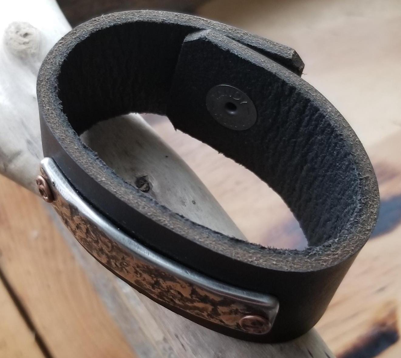 Black Leather w/Anvil Textured Stainless & Copper Cuff Bracelet Unisex Leather Wrist Cuff w/ snaps Boyfriend Gift Love Gift Bag Included