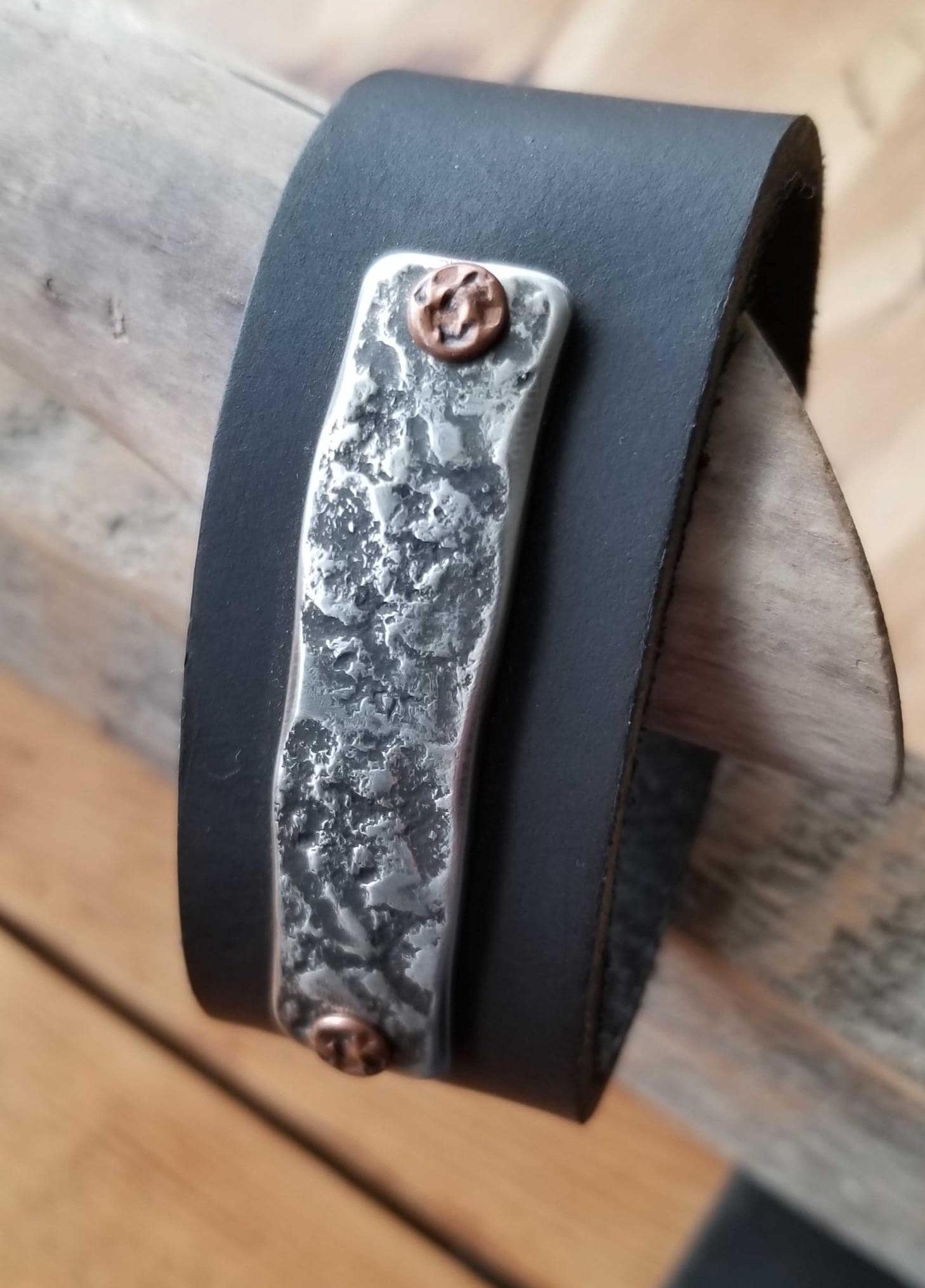 Black Leather w/Anvil Textured Stainless & Copper Cuff Bracelet Unisex Leather Wrist Cuff w/ snaps Boyfriend Gift Love Gift Bag Included