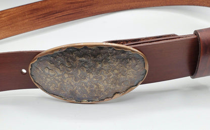Belt and Buckle Set Bronze Hand-Forged Oval & Hand-dyed Woodgrain 1.5" Belt for Jeans