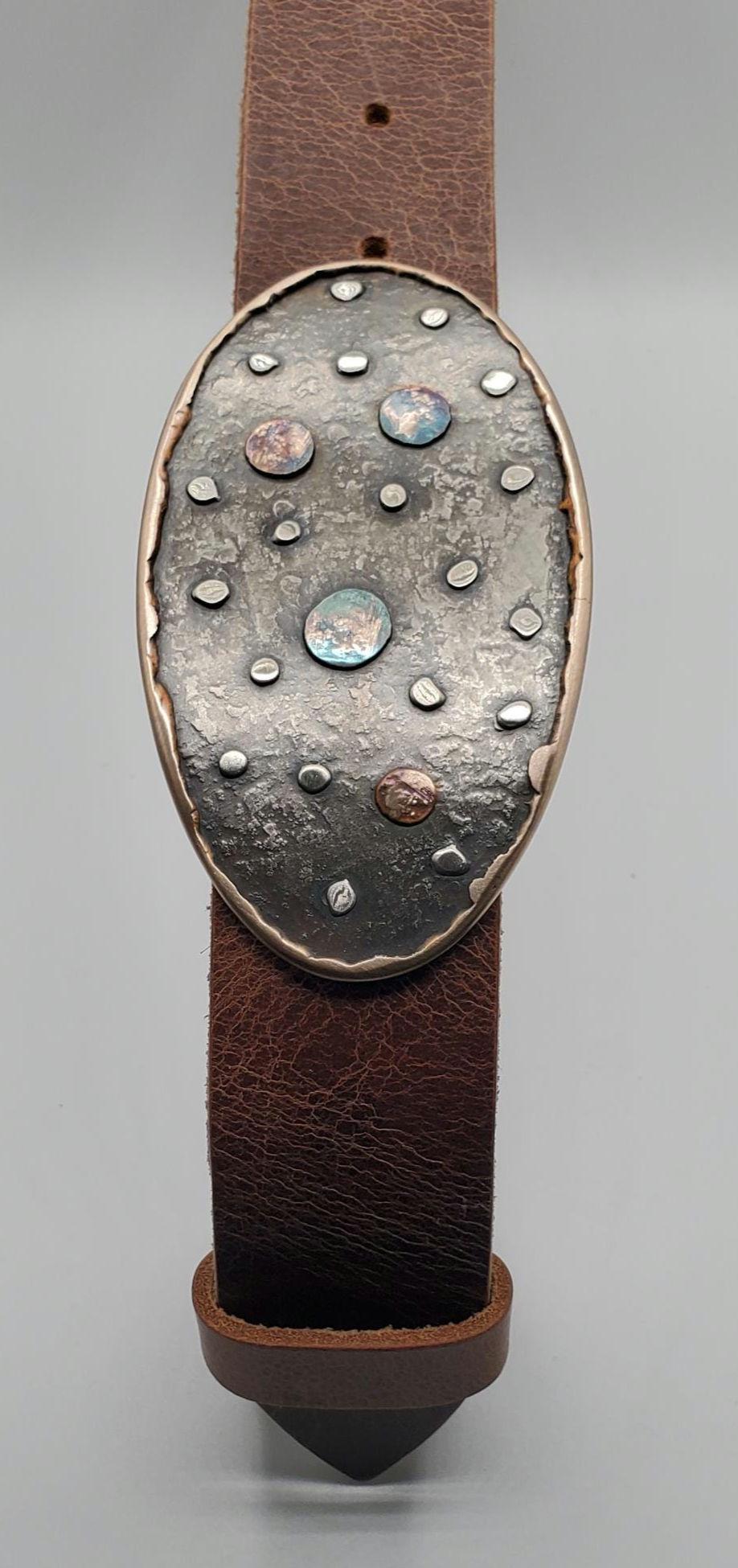 Astronomer's Gift Solar System Belt Buckle & Belt Planets Stars Hand Forged Belt Buckle and Leather 1.5"interchangeable Snap Belt for Jeans