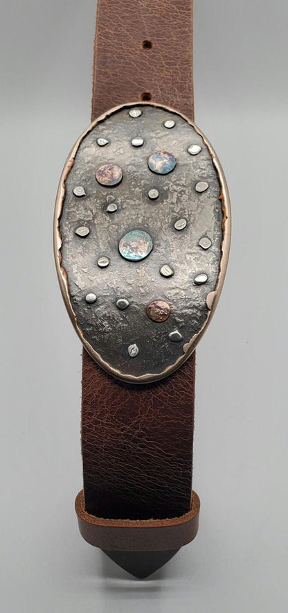 Astronomer's Gift Solar System Belt Buckle & Belt Planets Stars Hand Forged Belt Buckle and Leather 1.5"interchangeable Snap Belt for Jeans